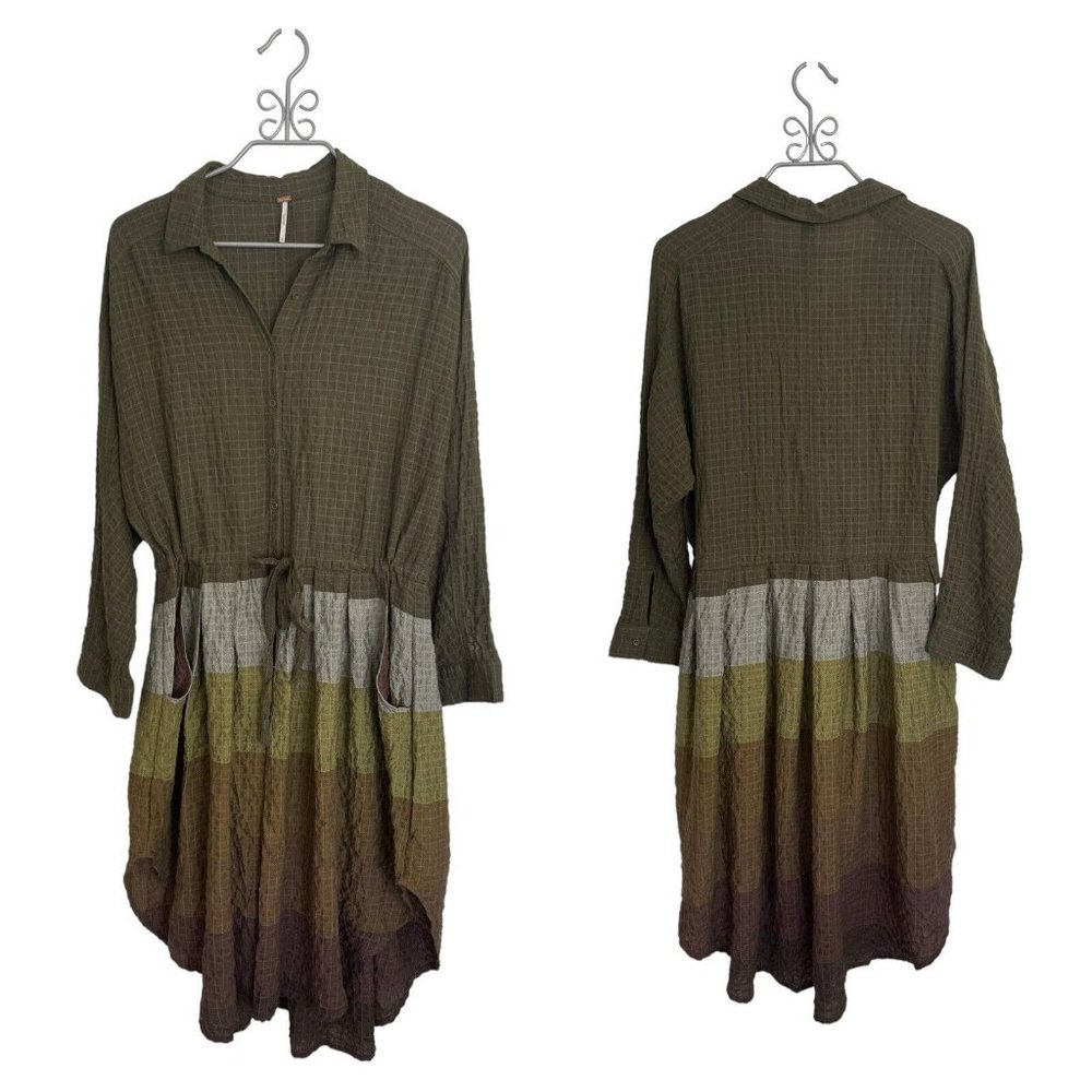 Free People Green Multi Colored Striped Pockets Drawstring Hi Lo Tunic Dress - M